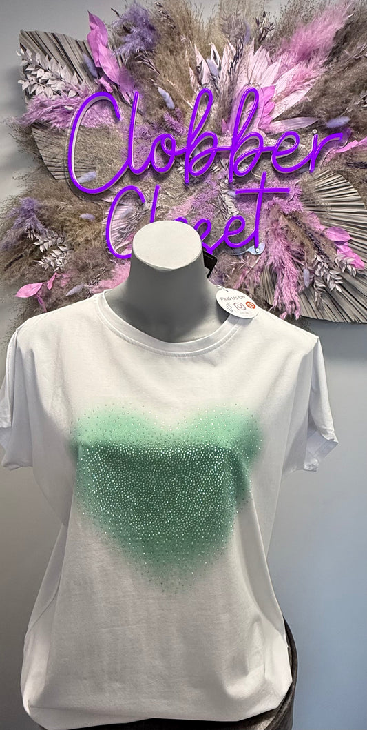 Pastel Diamante Heart Cotton T-shirt Top