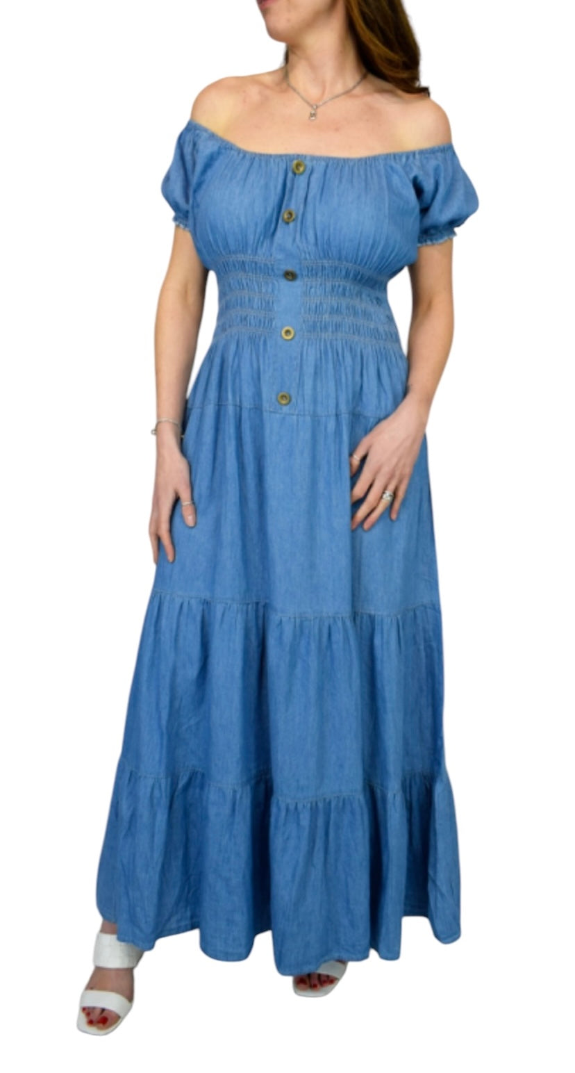 Charlotte Button Front Bardot Denim Maxi Dress