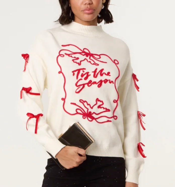 Tis The Season Embroidery Bow Christmas Jumper