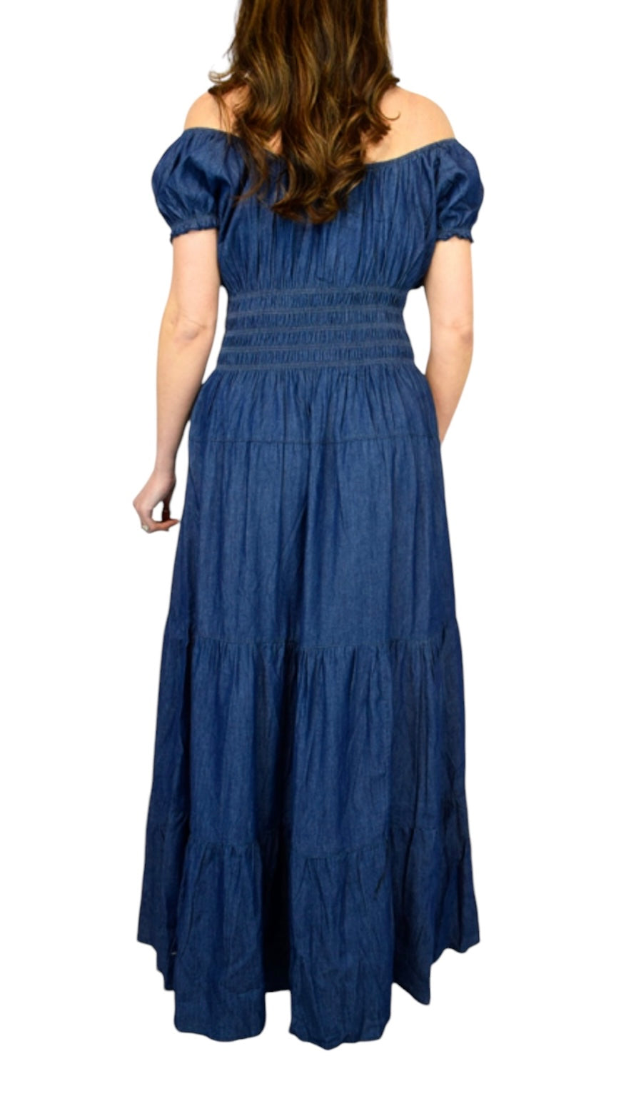 Charlotte Button Front Bardot Denim Maxi Dress