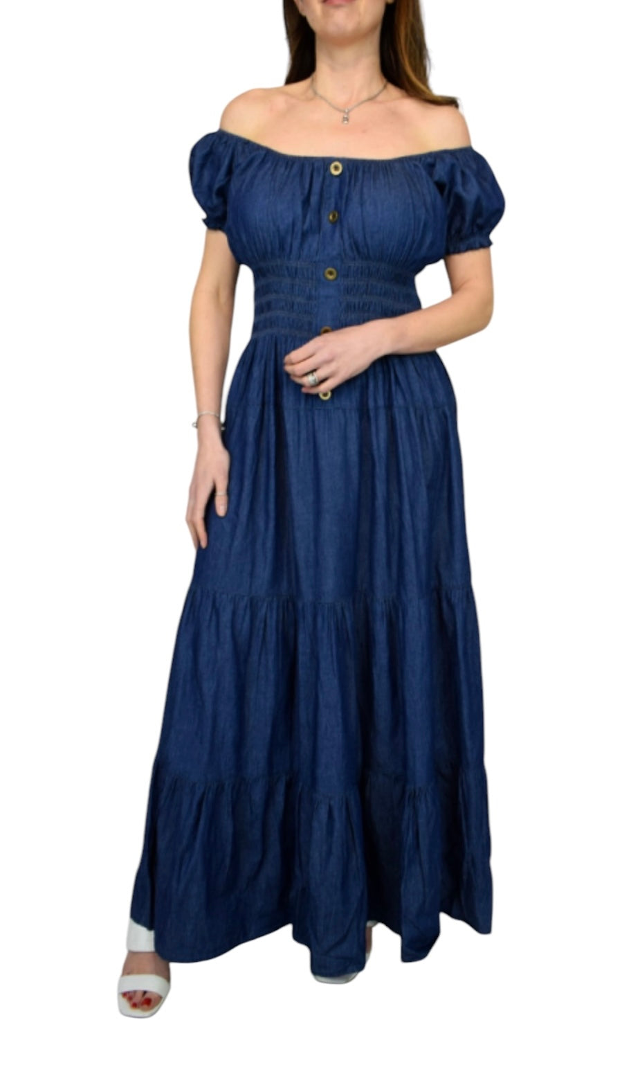 Charlotte Button Front Bardot Denim Maxi Dress