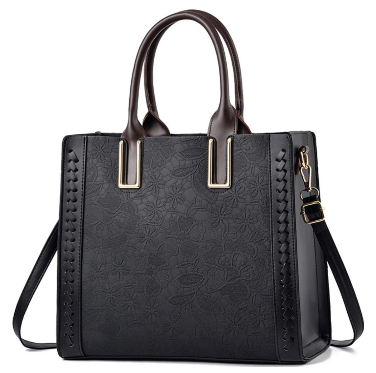 Lace Print Tote Bag with short and long handles - Black variant