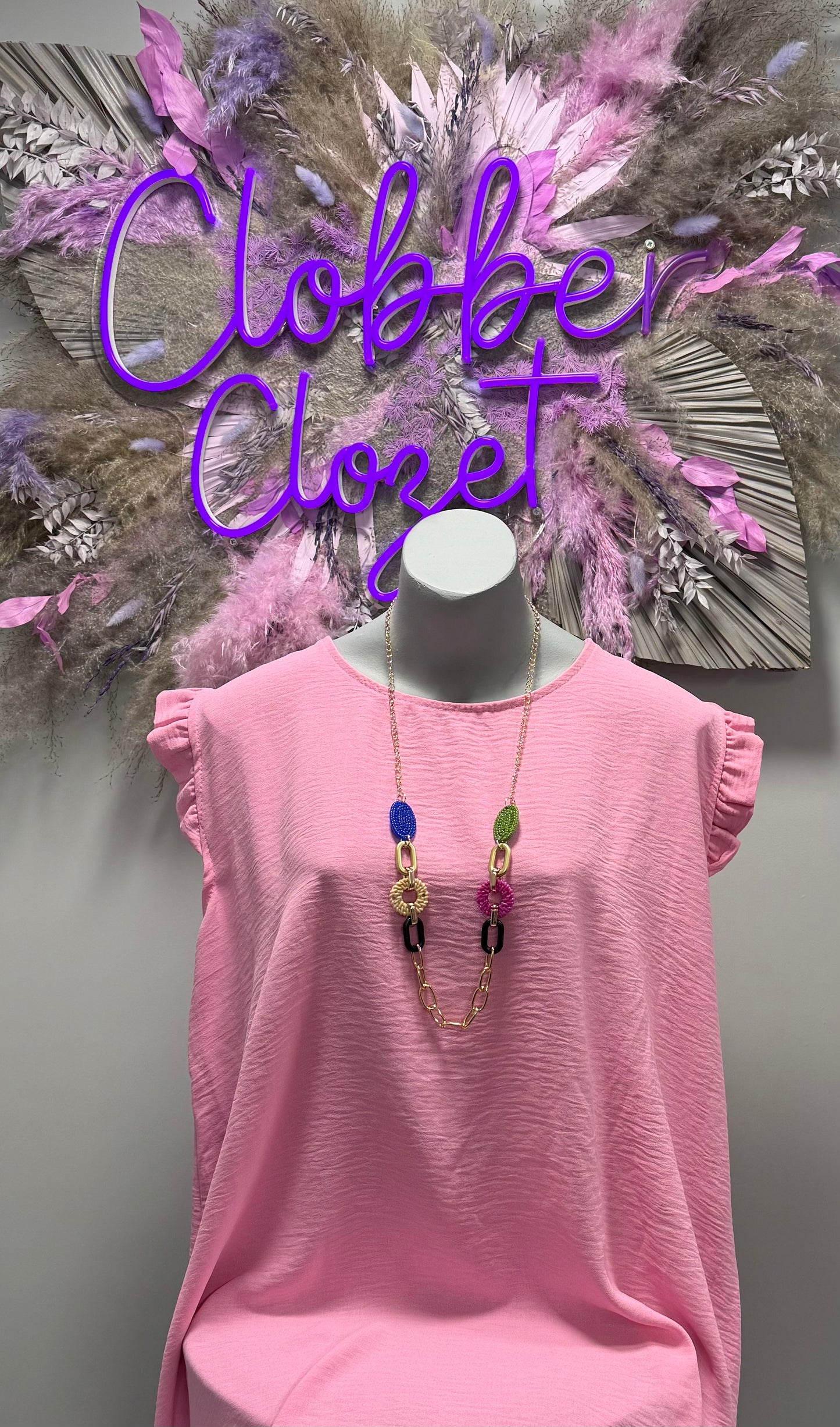 Plus Size Ruffle Sleeve Round Neck Top with Necklace