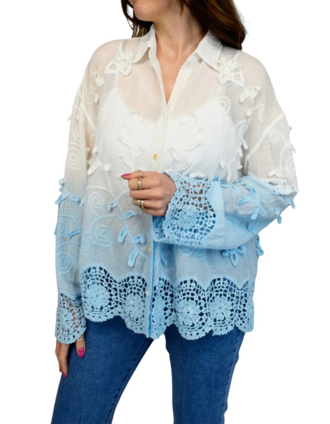 Freya Petal Embossed Dip Dye Crochet Trim Shirt
