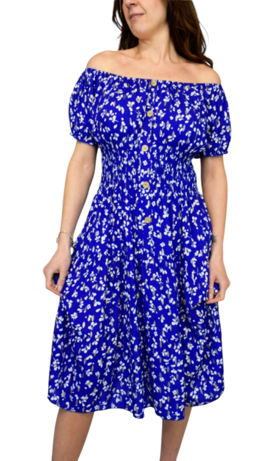 Agatha Contrast Petal Bardot Button Midi Dress
