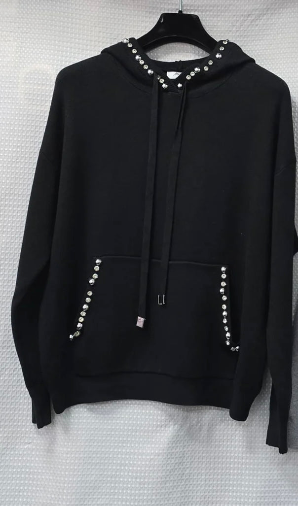 Black Fine Knit Crystal Stud Pocket Hoodie