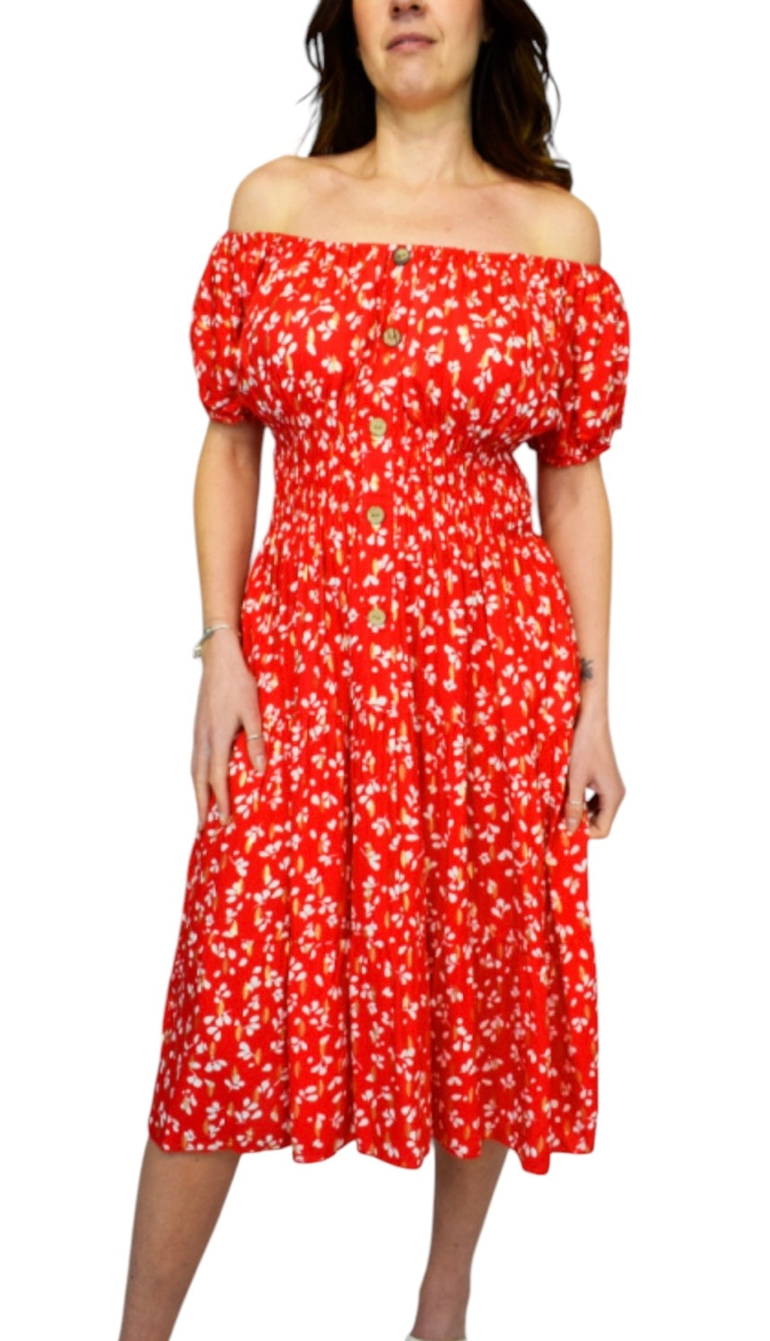 Agatha Contrast Petal Bardot Button Midi Dress