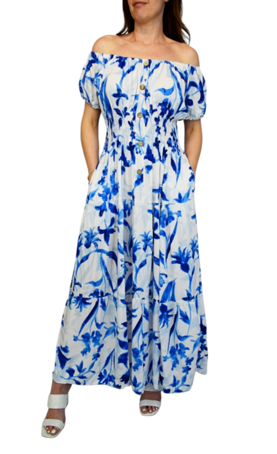Vivienne Coloured Petal Print Button Front Maxi
Dress