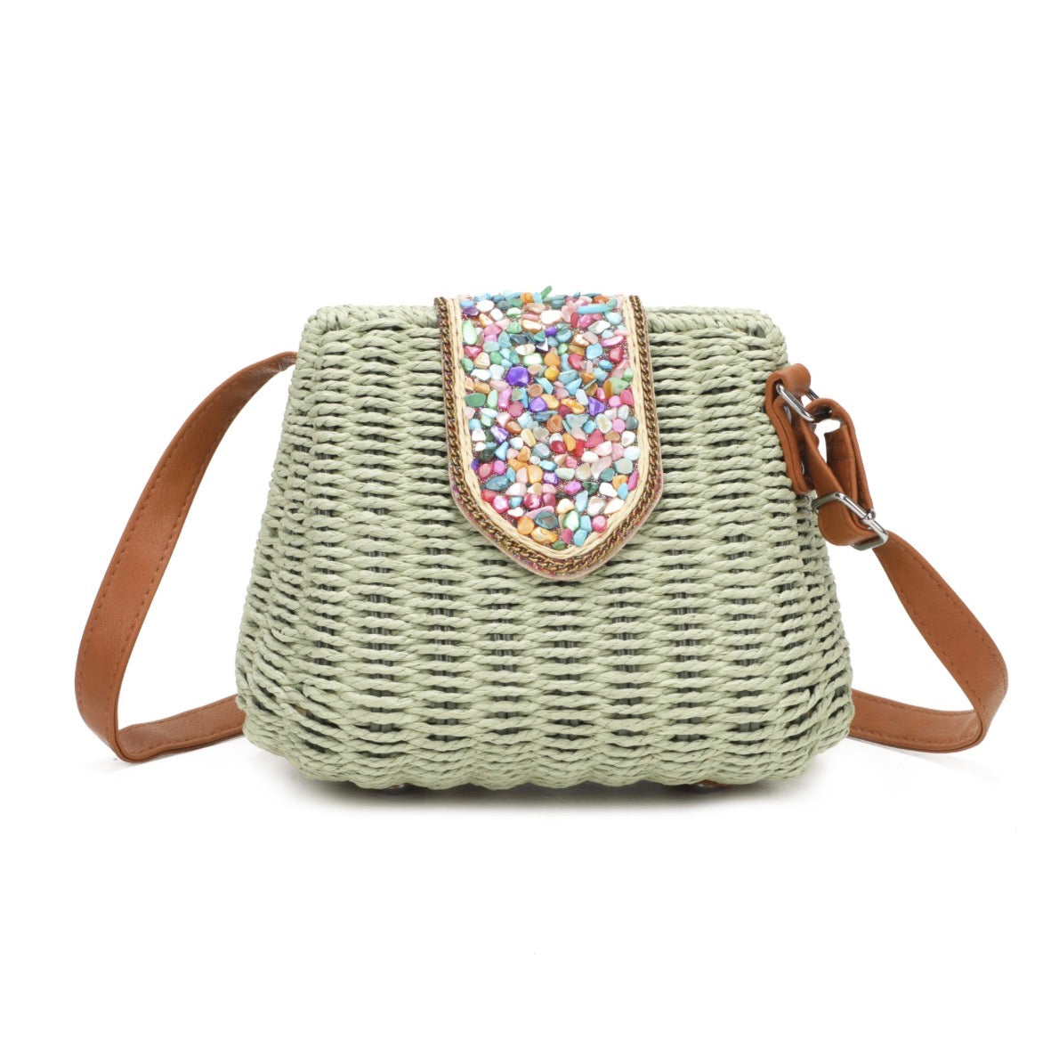 Woven handbag with a decorative bead flap on a white background