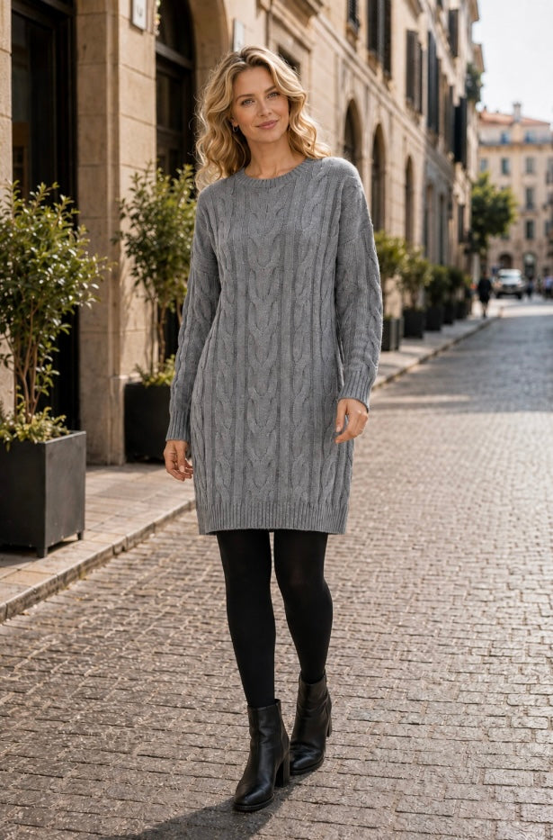 Woman wearing Cable Knit Jumper Dress on a street background