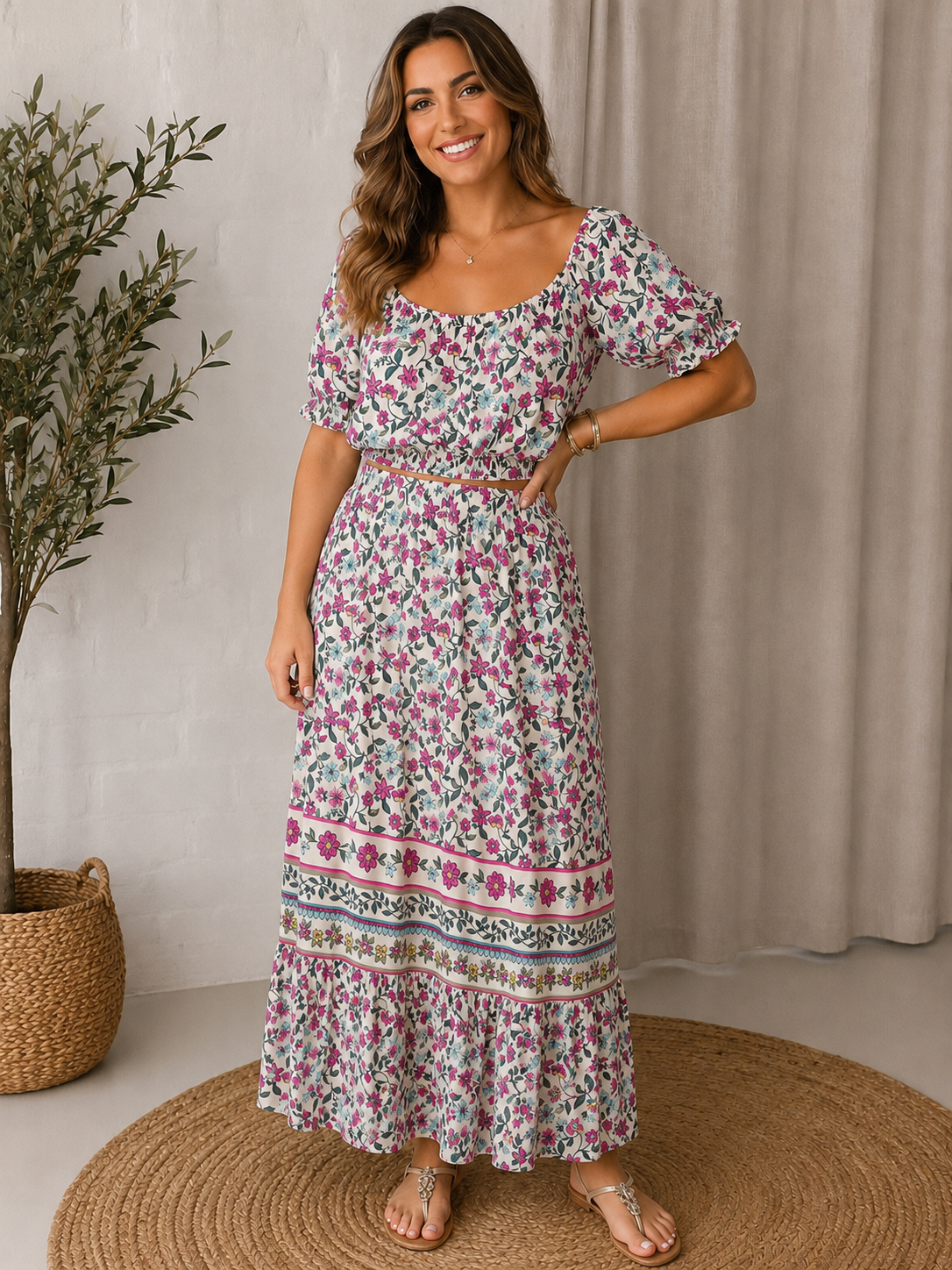 Multicoloured Floral Co-ord with Cropped Top and Maxi Skirt