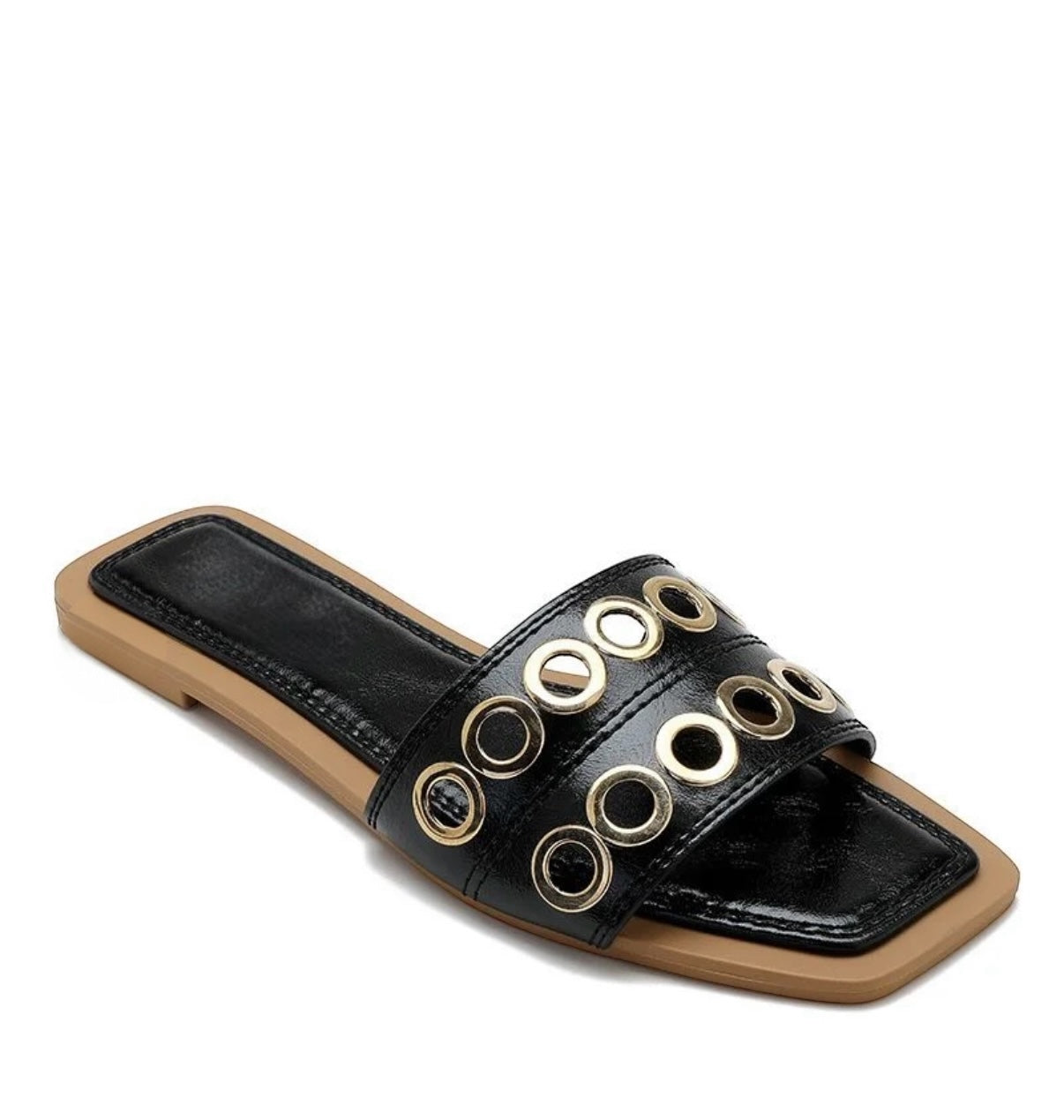 Gemini Black Flat Faux Leather Slider Sandals With Metal Appliqués