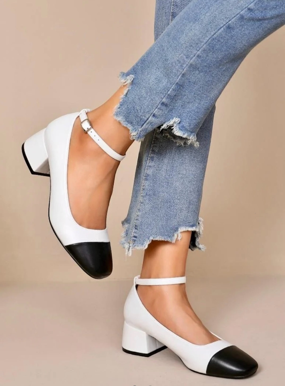 Mary Jane White Faux Leather Closed Toe Block Heels