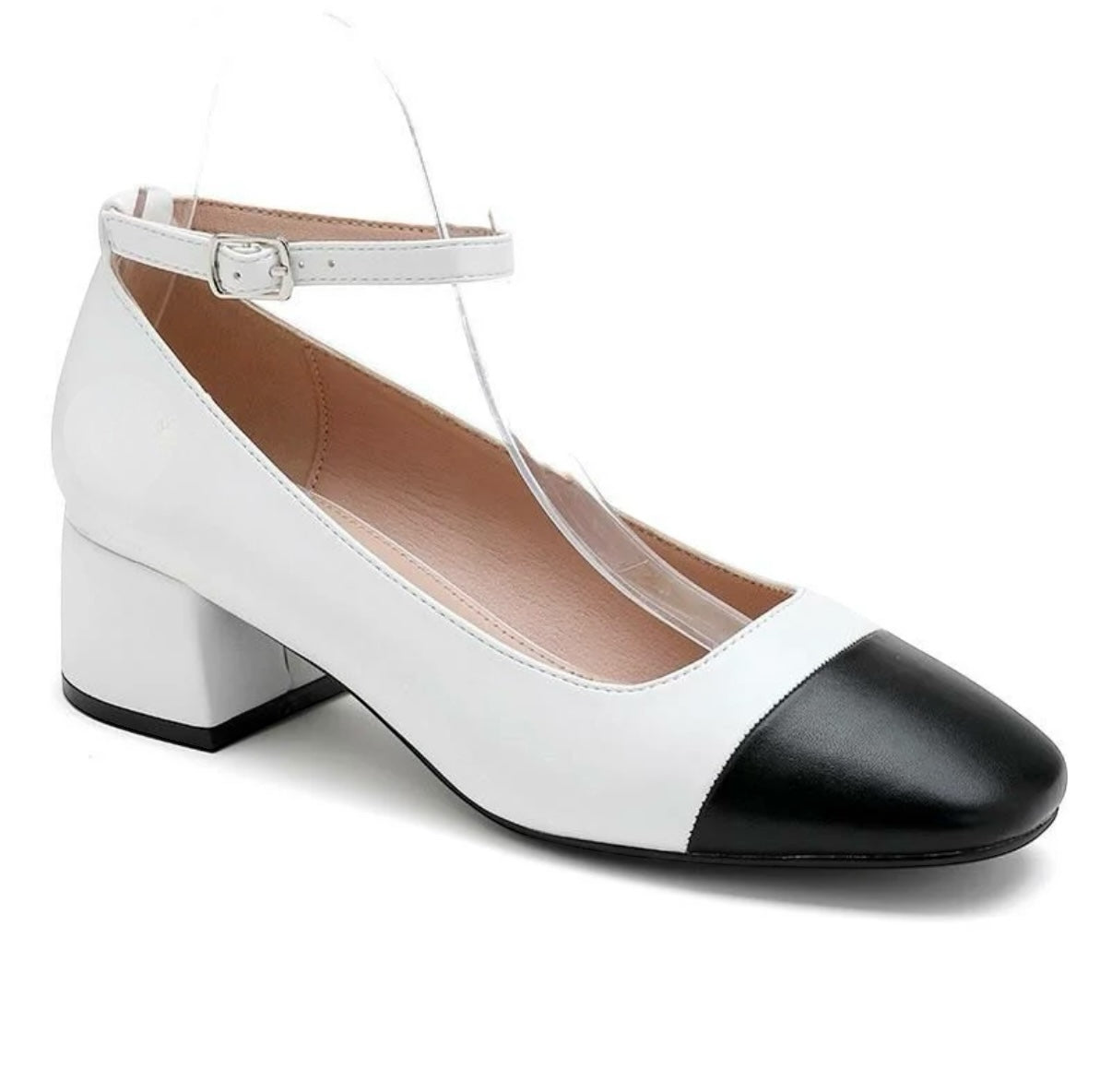 Mary Jane White Faux Leather Closed Toe Block Heels