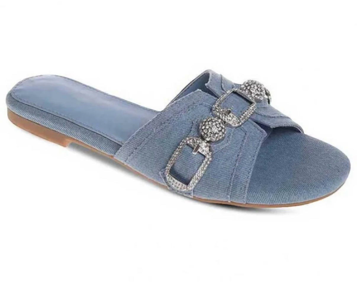 Dannie Denim Flat Diamante Detail Sandals
