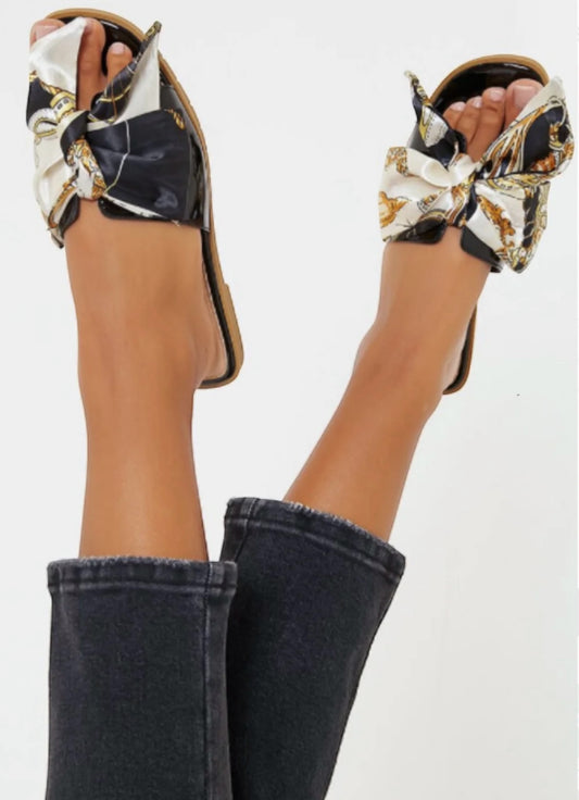 Rosie Black Patent Scarf Print Bow Slider Sandals