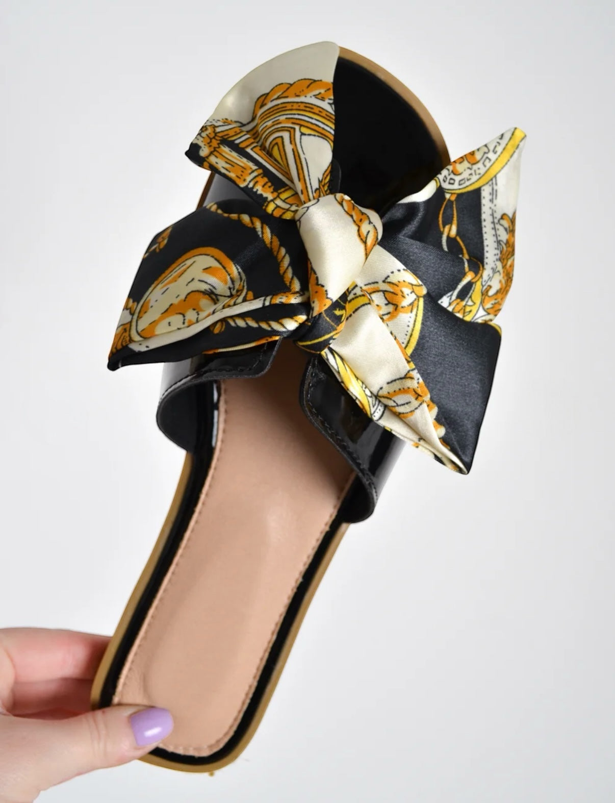 Rosie Black Patent Scarf Print Bow Slider Sandals
