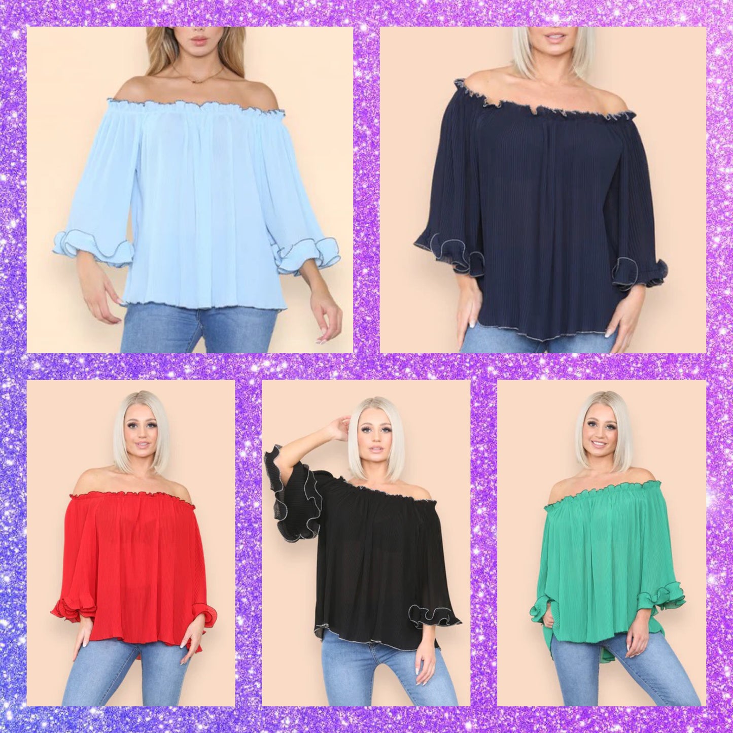 Luisa - Long Sleeve Contrast Edge Pleated Bardot Blouse