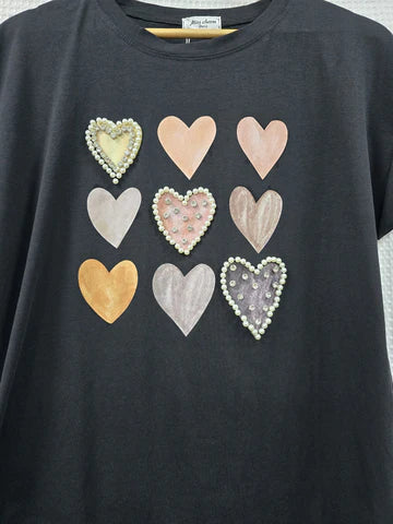 Pearl Crystal Multi Heart Cotton Top T-shirt