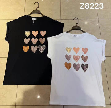 Pearl Crystal Multi Heart Cotton Top T-shirt