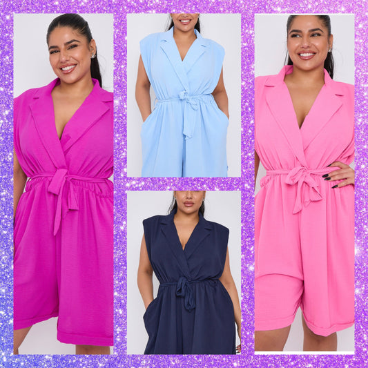 Plus Size Sleeveless Lapel Tie Waist Playsuit With Pockets