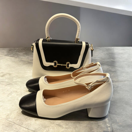 Mary Jane White Faux Leather Closed Toe Block Heels