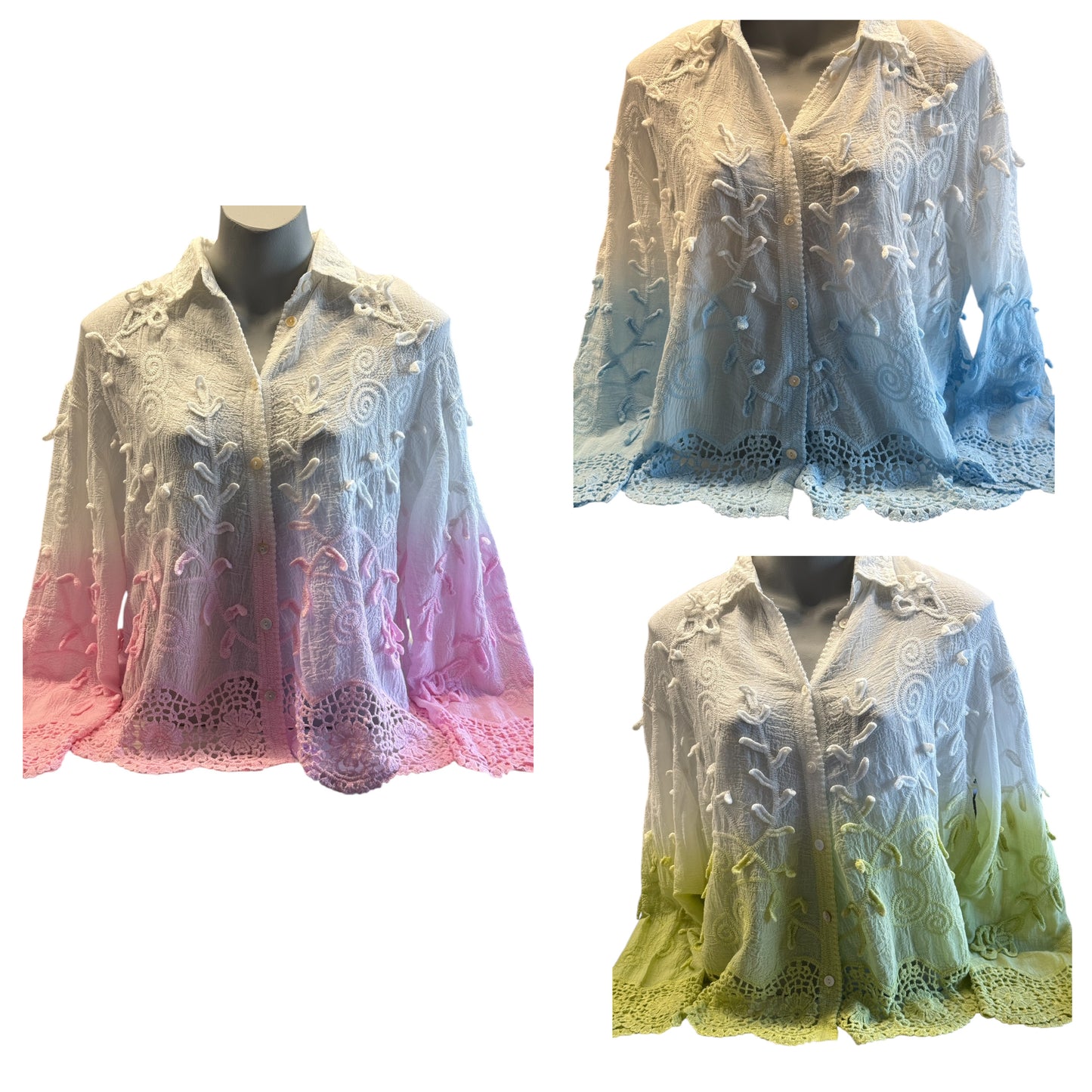 Freya Petal Embossed Dip Dye Crochet Trim Shirt