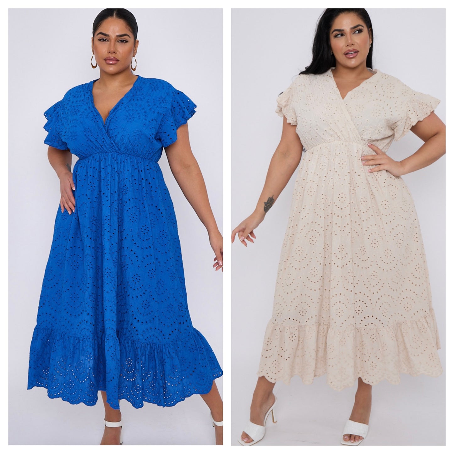 Emily Plus Size Broderie Lace Wrap Top Frill Sleeves Dress