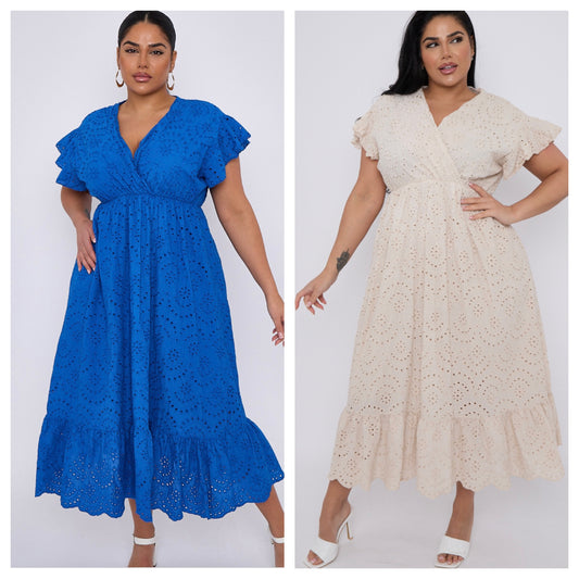 Emily Plus Size Broderie Lace Wrap Top Frill Sleeves Dress