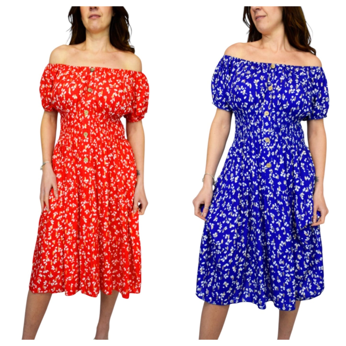 Agatha Contrast Petal Bardot Button Midi Dress