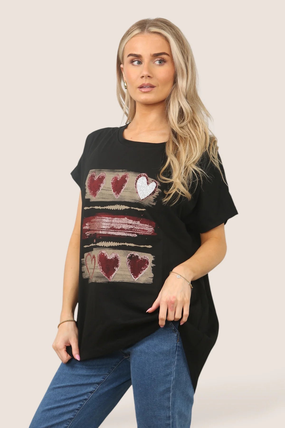 Triple Heart Stripe Metallic High Low Cotton T-shirt