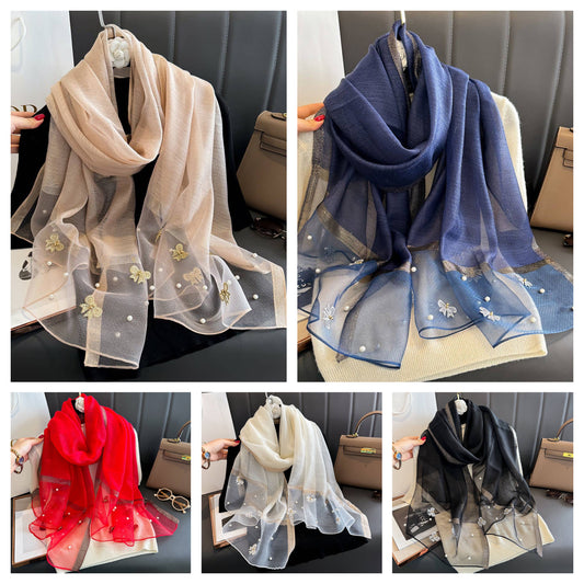 Silk Scarf with Embroidered Bows & Pearls