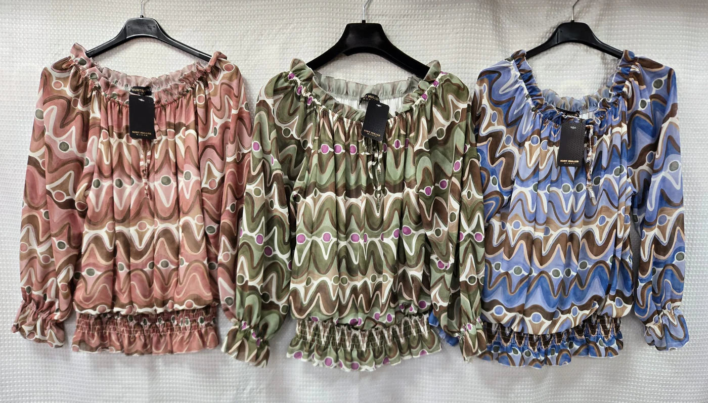 Wave Print Ruffle Bardot Blouse