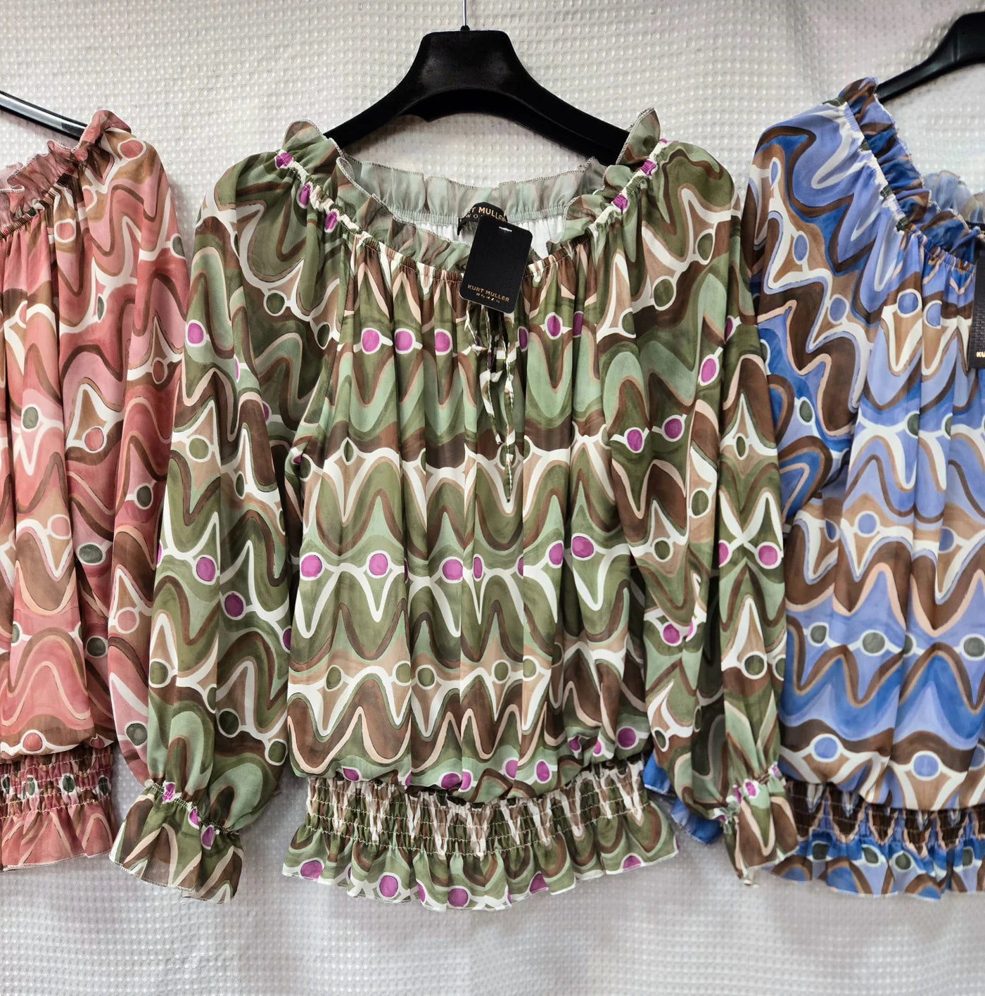 Wave Print Ruffle Bardot Blouse