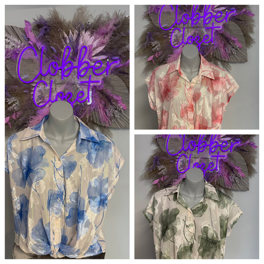 Floral Shimmer Silky Tie Button Blouse