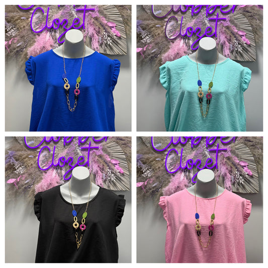Plus Size Ruffle Sleeve Round Neck Top with Necklace