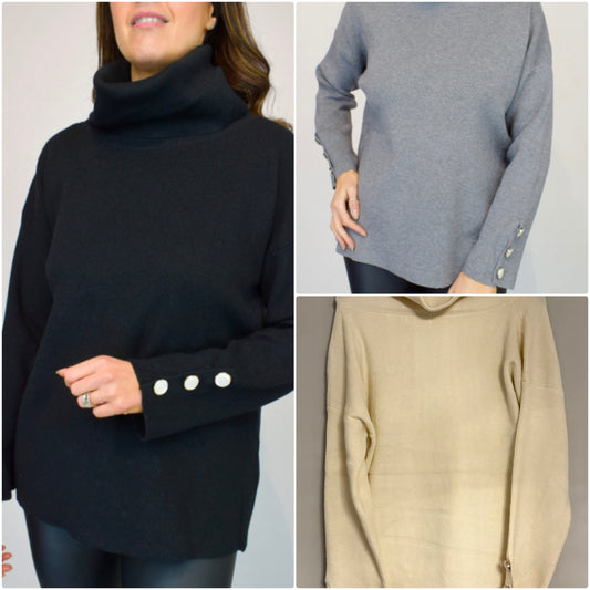Button Cuff Oversize Roll Neck Jumper