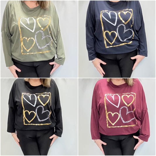 Italian Metallic Foil Hearts Oversized Longline Top