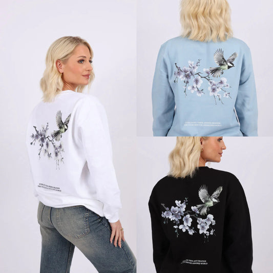 Daija - Exotic Flower and Bird Design Sweatshirt - White