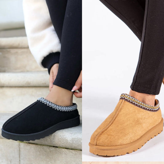 Faux Suede Embroider Aztec Detail Cozy Fluffy Slipper Boots