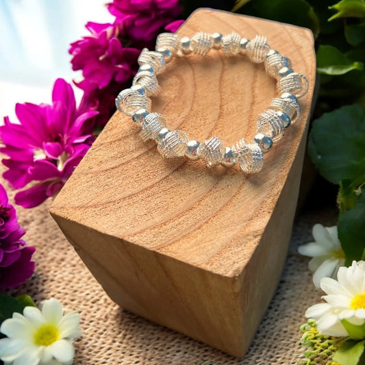 Silver Twisted Wire Beads on Stretch Bracelet