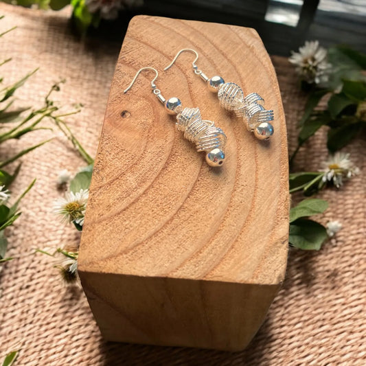 Silver Twisted Wire Bead Drop Earrings