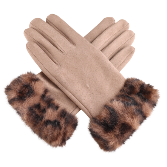 Camel Faux Fur Leopard Cuff Gloves