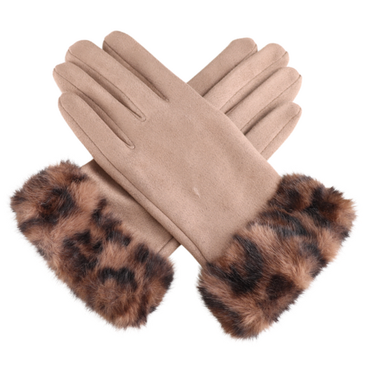 Camel Faux Fur Leopard Cuff Gloves
