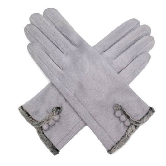 Grey Faux Suede Gloves with Faux Fur Trim and Button Embellishments