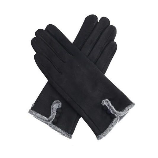 Black Faux Suede Gloves with Faux Fur Trim and Button Embellishments.
