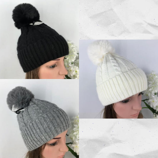 Pom Pom Bobble Cable Knit Hat