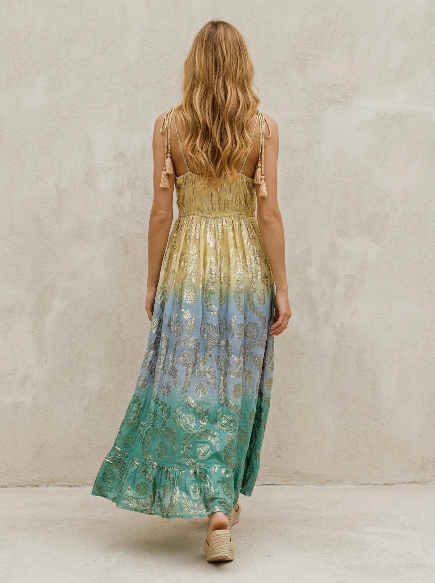 Strappy Multicoloured Ombré Indian Maxi Dress with Gold Thread Detail