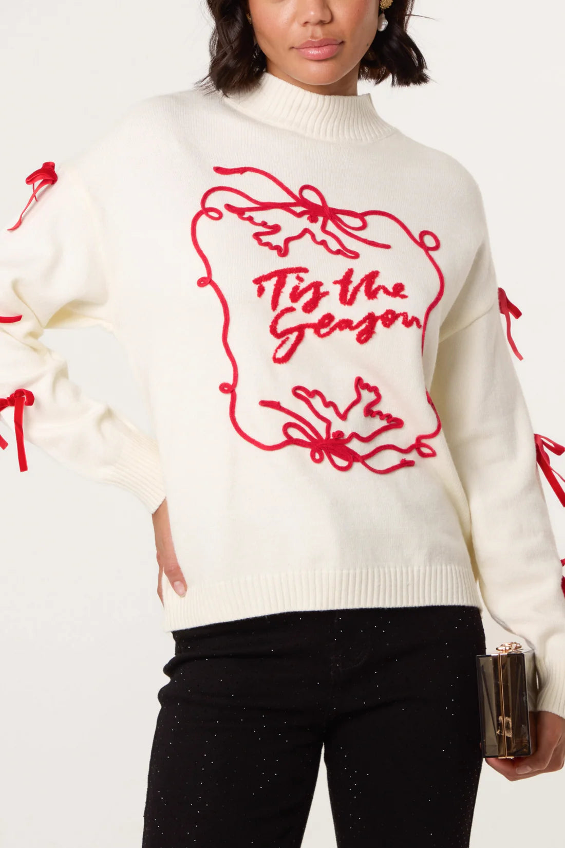 Tis The Season Embroidery Bow Christmas Jumper