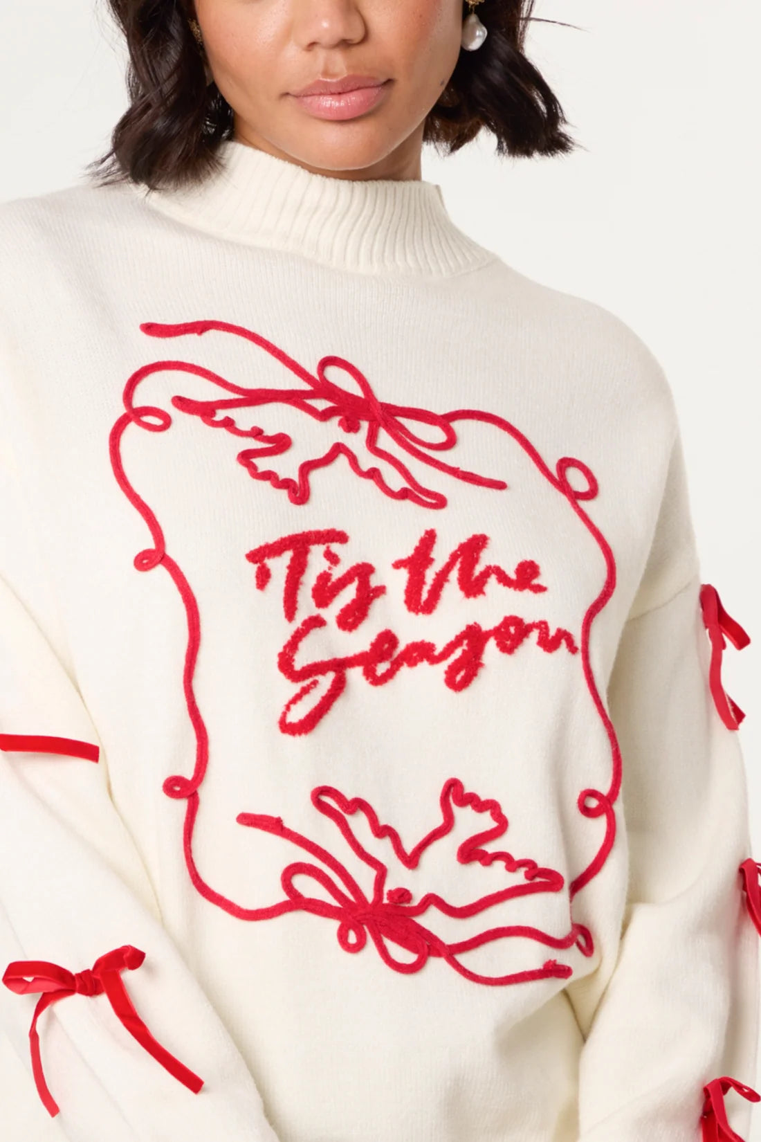 Tis The Season Embroidery Bow Christmas Jumper